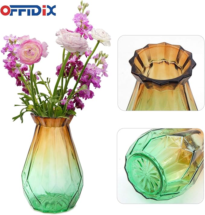 OFFIDIX Glass Vase Gradient Multicolor with Geometric Faceted Design Floral Vase for Home, Business, Events or Weddings
