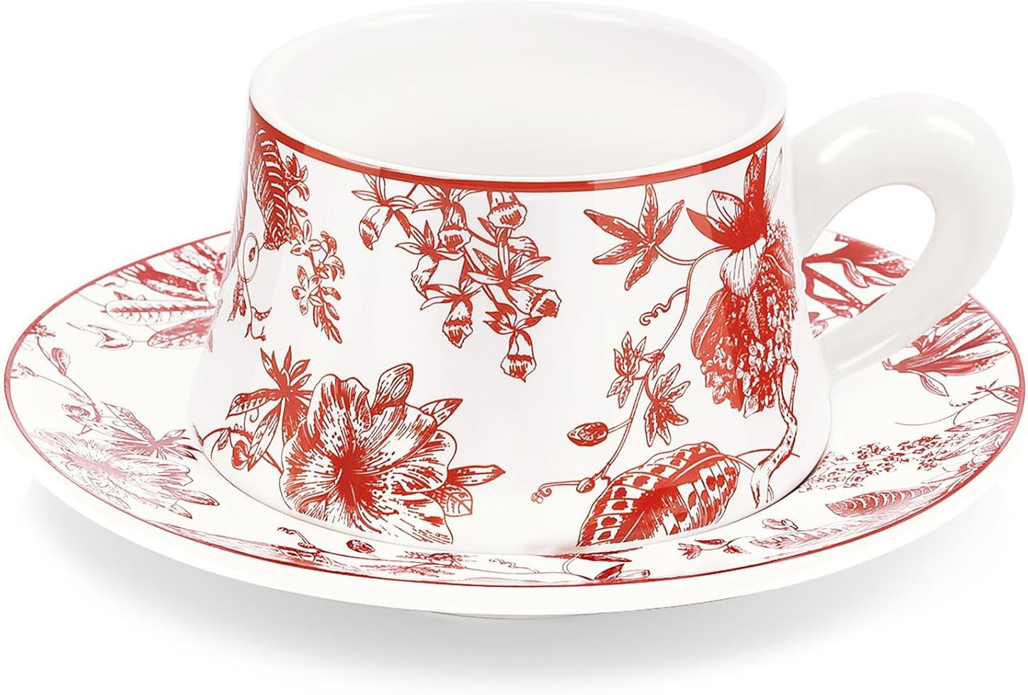 fanquare Red Floral Tea Cup with Saucer 8.5oz Large Porcelain Coffee Cup Modern Single Cup Gift Set for Adults, Ceramic Thick Handle China Cups