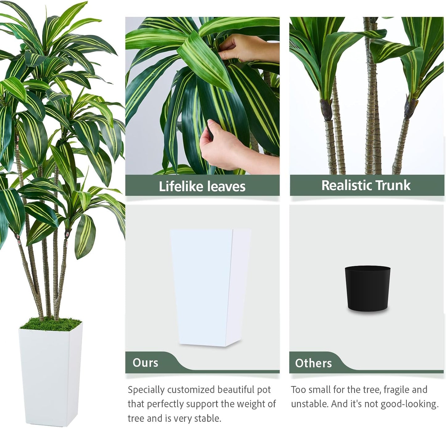 Dracaena Artificial Plants Indoor, 6FT Tall Faux Tree with White Tall Planter, Fake Yucca Tree Floor Plant, Artificial Trees for Home Office Living Room Garden Decor Outdoor, Housewarming Gift