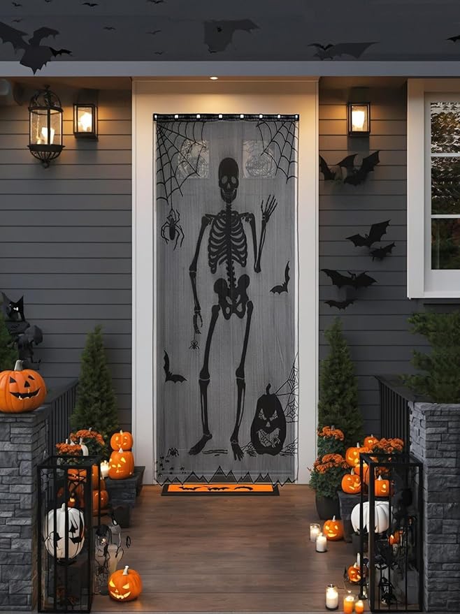 Jayla Halloween Skull Door Curtain, Black Halloween Lace Window Curtain, Ornament Bat Curtain for Halloween Party Haunted House Decoration, 102x213cm/40x84 inch