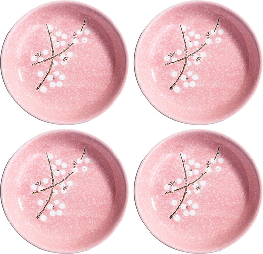 Japanese Ceramic Dinner Plates 7 Inch Pink Plates Set of 4, Cherry Blossom