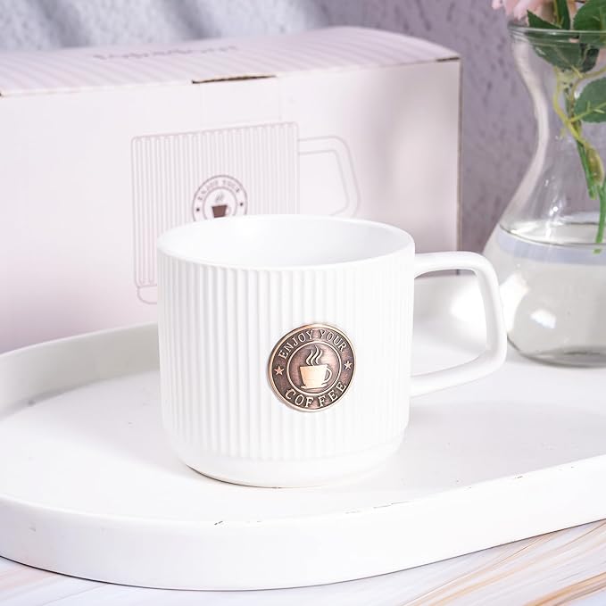 Topadorn Ceramic Coffee Mug 13 Oz Embossment Cups for Latte, Hot Tea, Cappuccino, Mocha, Cocoa, Office Coffee Mug with Gift Box, Set of 2