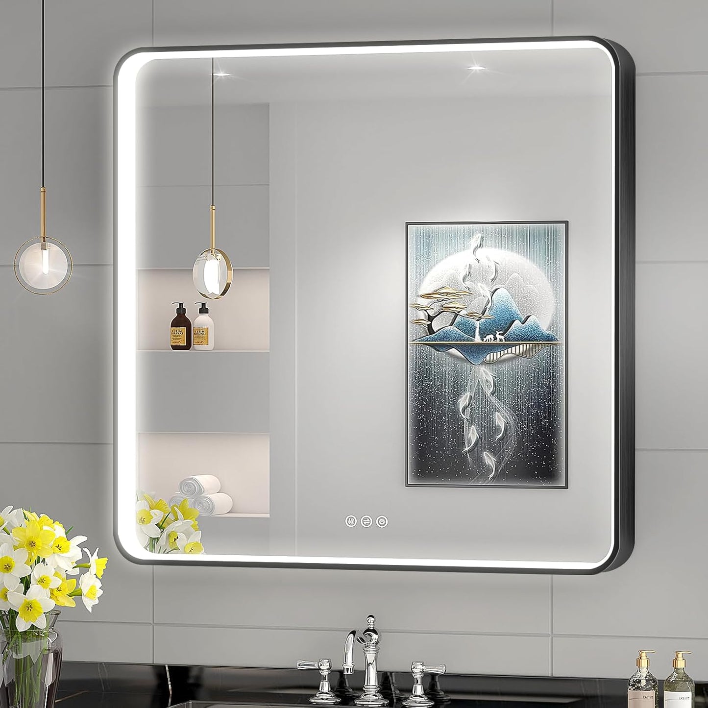 LED Mirror for Bathroom 32X32 Inch Black Framed with Anti-Fog, Stepless Dimmable, Front Lit, LED Bathroom Vanity Mirror for Wall, Memory Function, Shatter-Proof