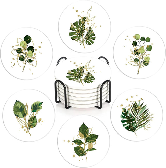 Coasters Set with Holder,Green Plants Absorbent Ceramic Coasters with Cork Base,Cute Funny Table Cup Mat 6 Pcs,Table Home Décor