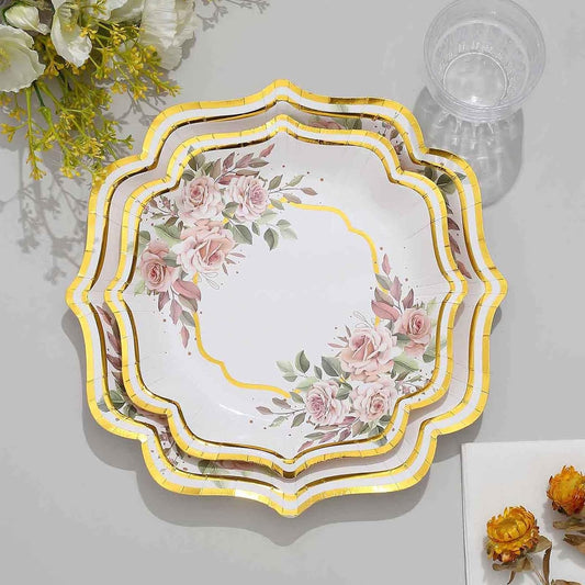 Efavormart 25 Pack | White/Gold Floral 8" Scallop Rim Dessert Appetizer Party Paper Plates, Disposable Salad Plates - 300 GSM