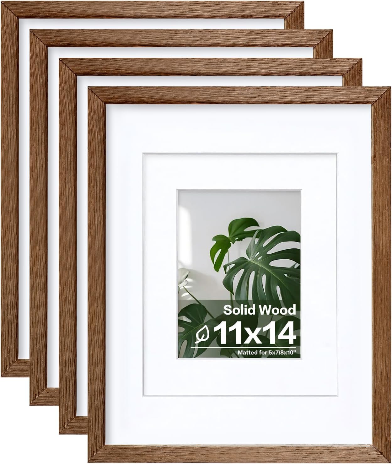 Egofine 11x14 Picture Frames Set of 4, Made of Solid Wood Covered by Plexiglass 5x7 and 8x10 with Mat or 11x14 without Mat, for Table Top Display and Wall Mounting Photo Frame,Walnut Brown