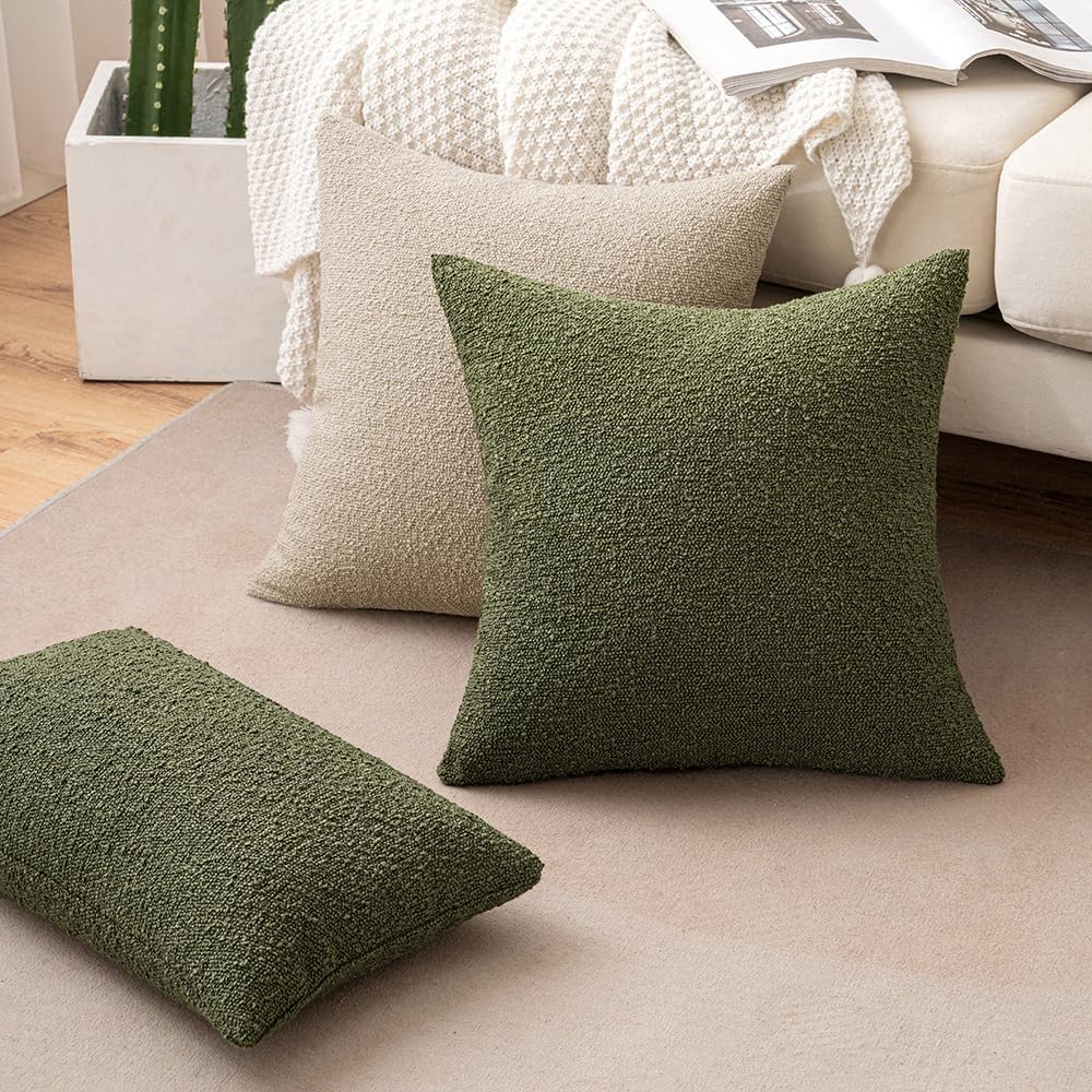 MIULEE 20x20 Inch Decorative Pillow Covers for Couch Bed Set of 2 Textured Boucle Neutral Winter Throw Pillows Olive Green Accent Solid Cushion Pillowcases Sofa Livingroom Home Decor