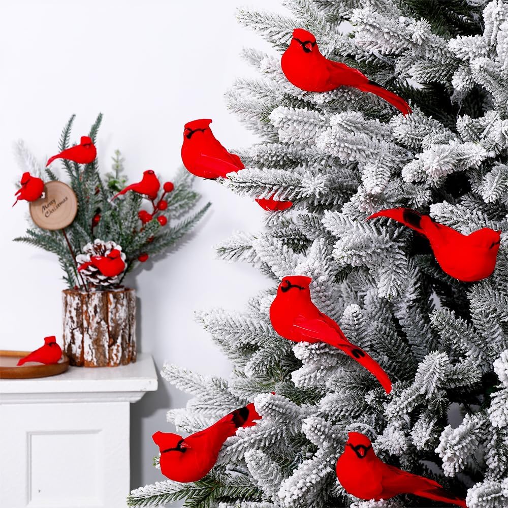 JOICEE 6 Pcs Cardinal Red Birds for Crafts, Artificial Cardinal Clip On Christmas Tree Ornaments Red Feather Faux Birds Cardinals Decorations for Xmas Tree Wreath Yard Patio Home Decor