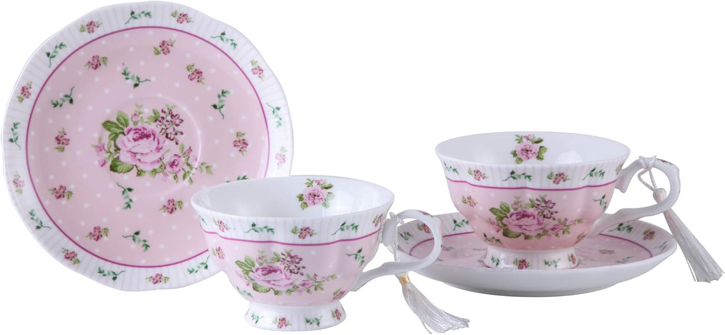 London Boutique Coffee Tea Cups and Saucers Set of 2 Vintage Flora Rose Lavender Porcelain Gift Box (Rose Pink 2pc Set)