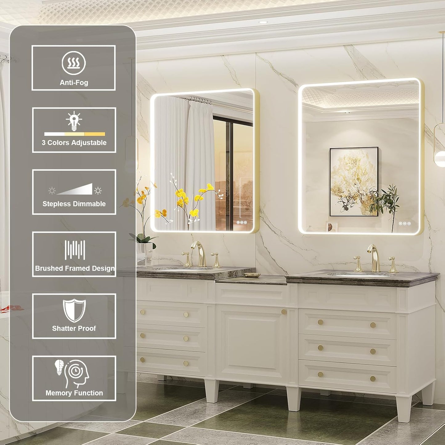 LED Mirror for Bathroom 30X36 Inch Gold Framed with Anti-Fog, Stepless Dimmable, Front Lit, LED Bathroom Vanity Mirror for Wall, Memory Function, Shatter-Proof