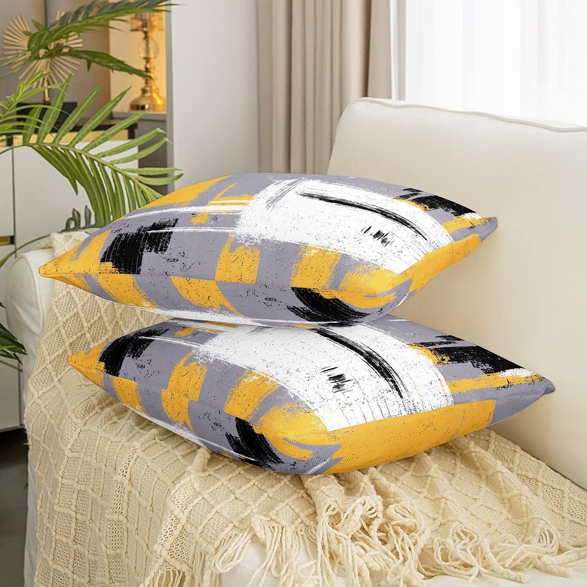 Feelyou Abstract Throw Pillow Covers for Couch Sofa Bed, Set of 2 Modern Abstract Art Decorative Pillows Cushion Covers, Yellow Grey White Pillow Inserts Not Included, 20x20 inch