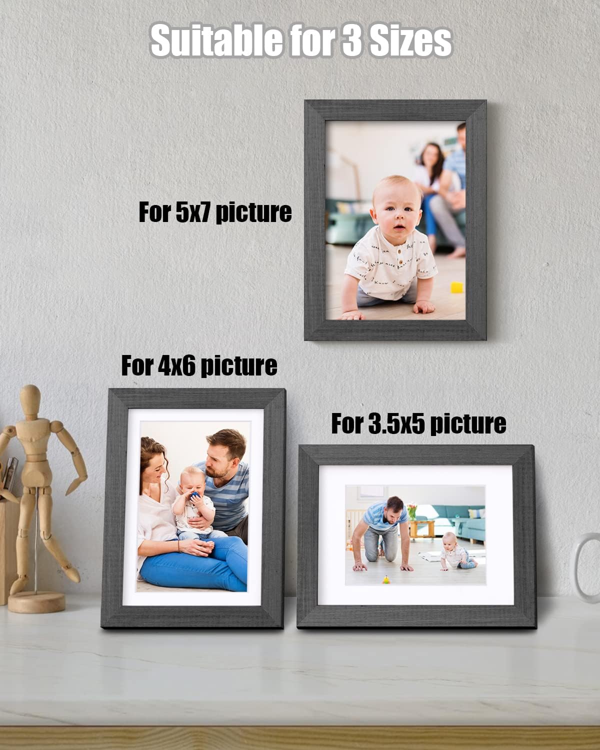 Egofine 5x7 Picture Frames Set of 4, Made of Solid Wood Covered by Plexiglass 3.5x5 and 4x6 with Mat or 5x7 without Mat, for Table Top Display and Wall Mounting Photo Frame Rustic Black