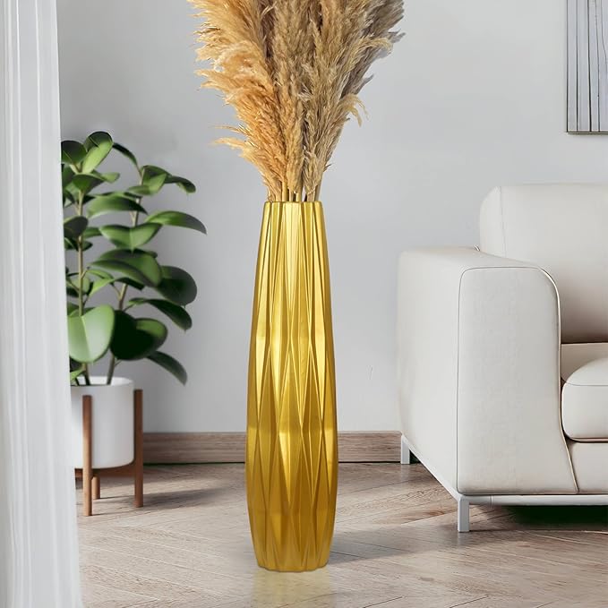 Gold Ceramic Tall Floor Vase,28 Inch Large Modern Flower Vases for Home Décor,Wicker Big Floor Vase Decorations for Farmhouse, Living Room,Bedroom,Standing Plastic Vase Decorative Tall