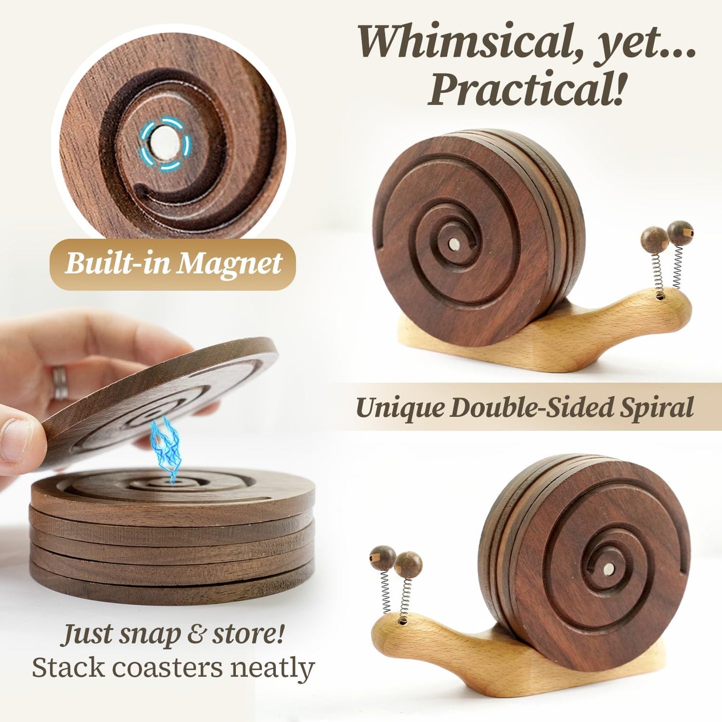 Creative Handcrafted Snail Coaster Holder for Drinks, Premium Walnut Wood Coasters Set of 6 - Unique Nature Inspired Decor for Coffee Table, Fun Housewarming Gifts & Tabletop Organizer.