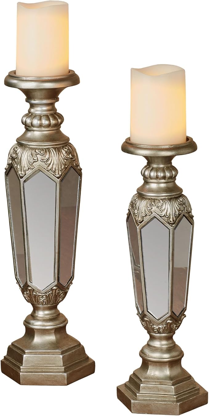 Touch of Class Adeana Platinum Mirrored Candleholders Set - Pair Candle Holder - Small, Large Sizes - Stunning Reflection - Beautiful Holders for Bedroom, Living Room, Mantel