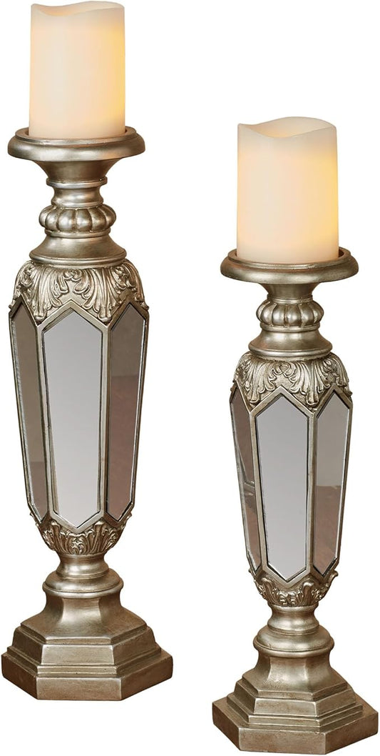 Touch of Class Adeana Platinum Mirrored Candleholders Set - Pair Candle Holder - Small, Large Sizes - Stunning Reflection - Beautiful Holders for Bedroom, Living Room, Mantel