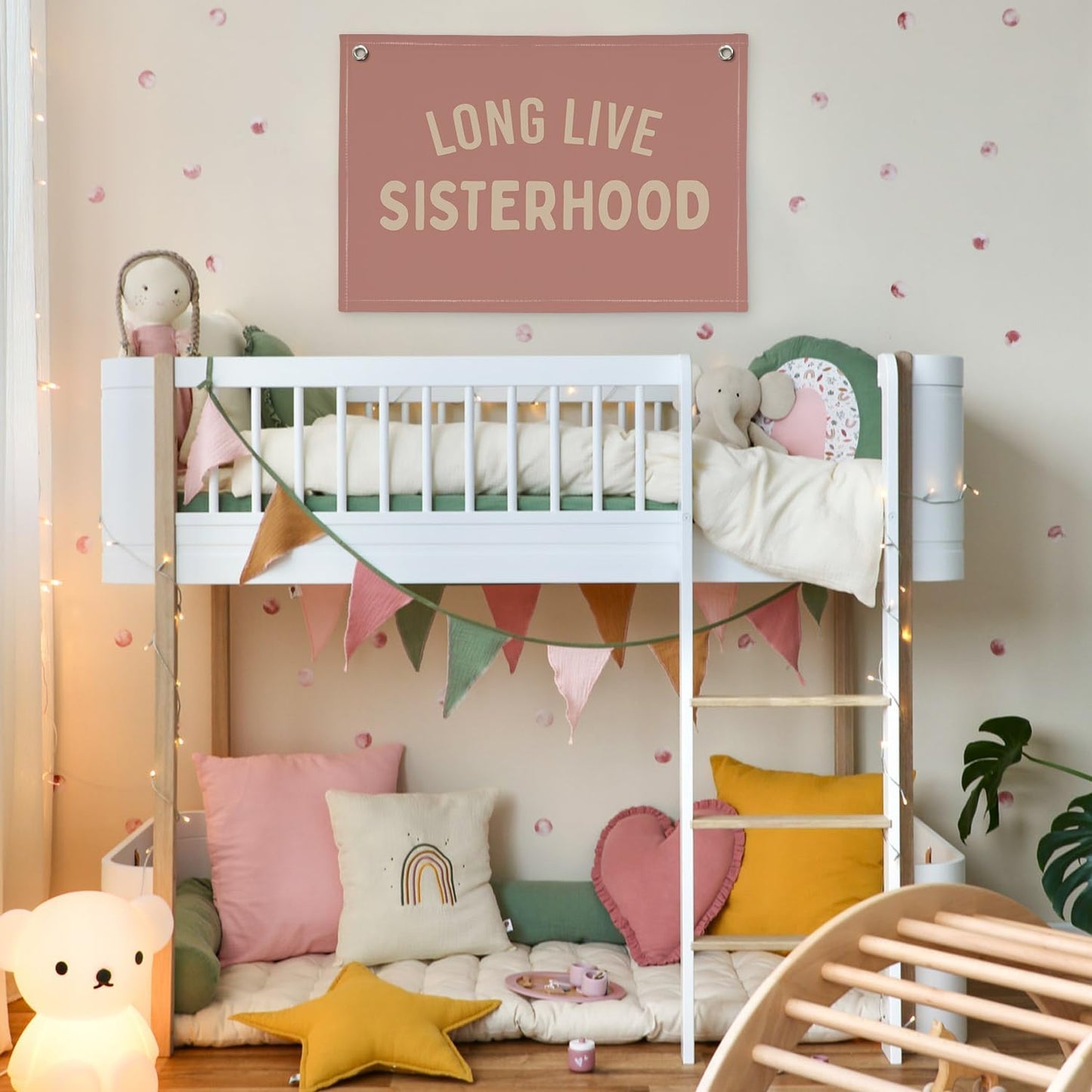 Girl Room Decor Long Live Sisterhood Linen Banner Hanging Flag Pink Banner for Nursery Playroom Wall Decor for Kids Bedroom Dorm Toddler Decorations Trendy Room Decor 30x20 In (Sisterhood)