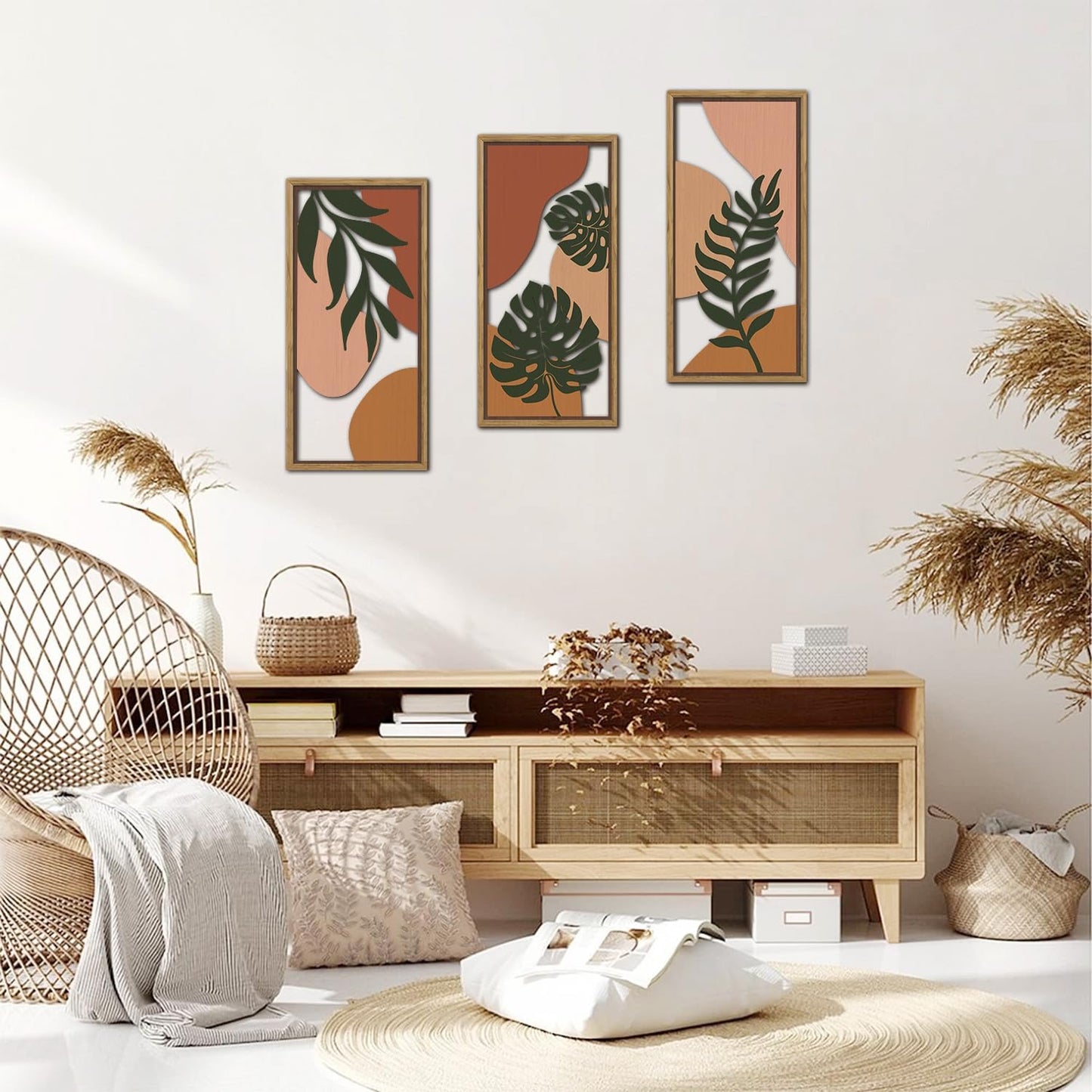KAIRNE Boho Tropical Wooden Wall Art Set,Botanical Palm Leaf Wood Decor,Farmhouse Geometric Hanging Decor Set of 3(8X16),Framed Minimalist Nature Bohemian Wood Art For Living Room Bedroom Office Decoration,