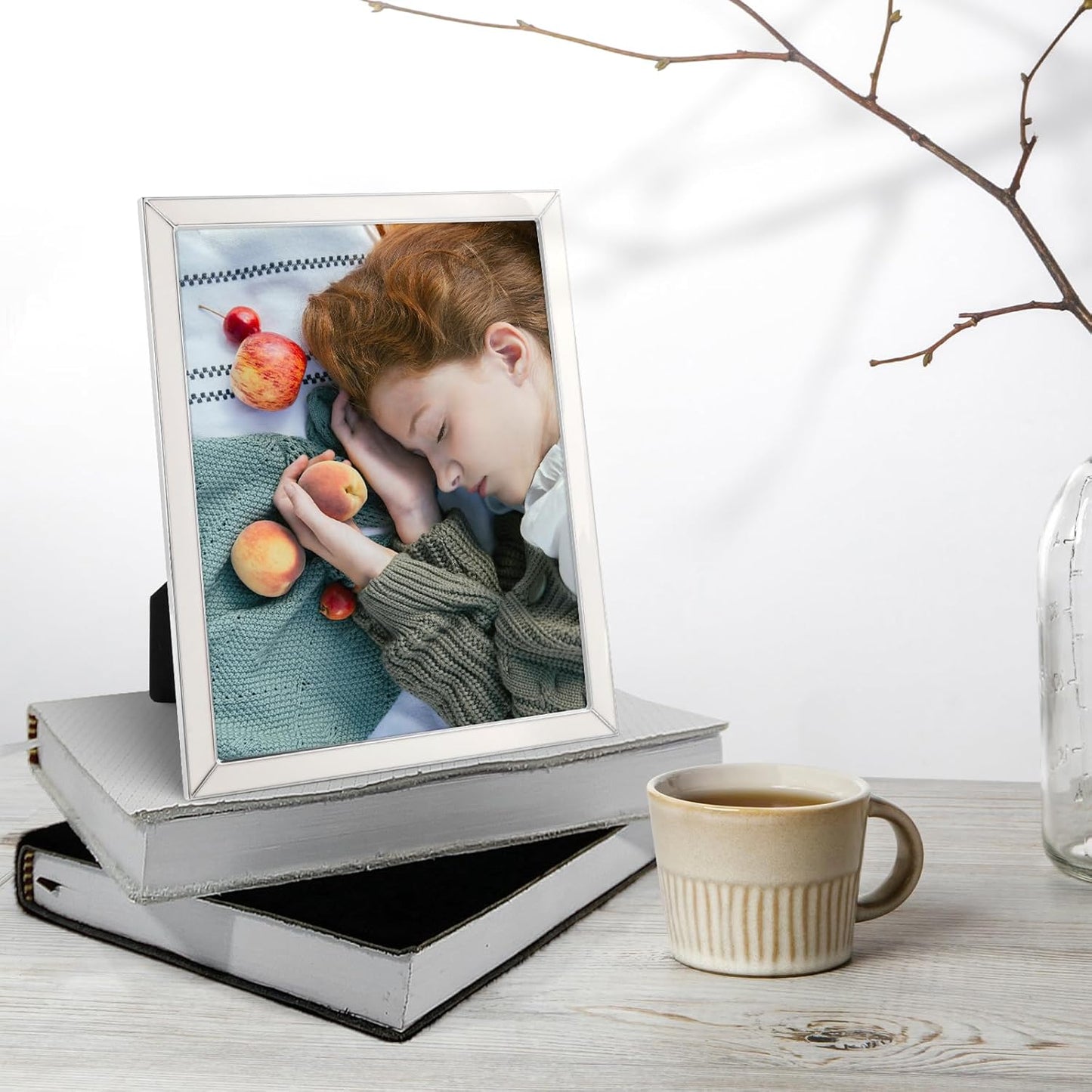 Frametory Enamel Picture Frame - 8x10 Silver Metal Edge White Enamel Picture Frame With Easel and Velvet Back for Tabletop Display, Bookshelf, 8x10 Wall Decor, Photo Frames, Picture Display-2 Set