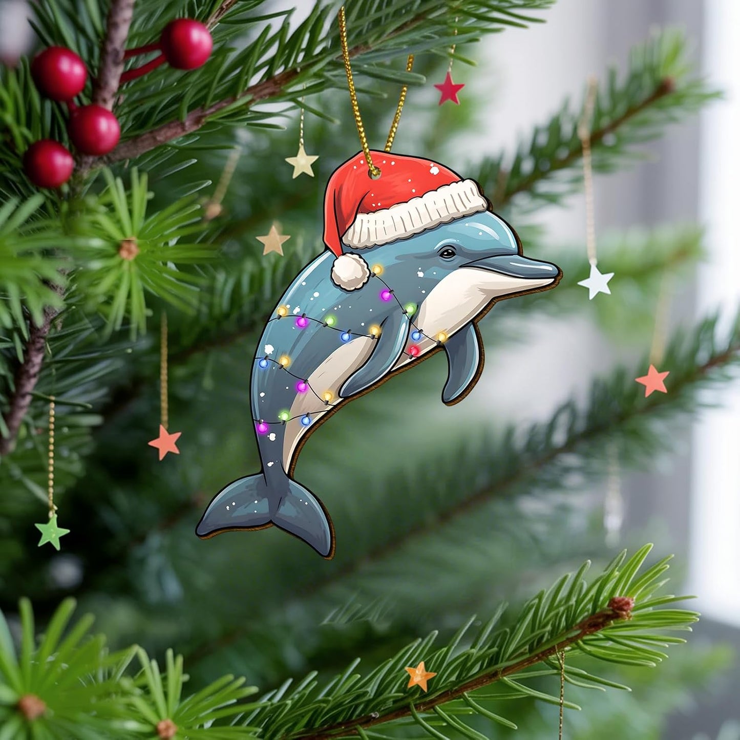 Dolphin Ornament for Christmas Tree Decorations - Dolphin with Santa Hat Hanging Ornament - Marine Life Decorative Gifts - 2 Side Printed Wooden Ornament