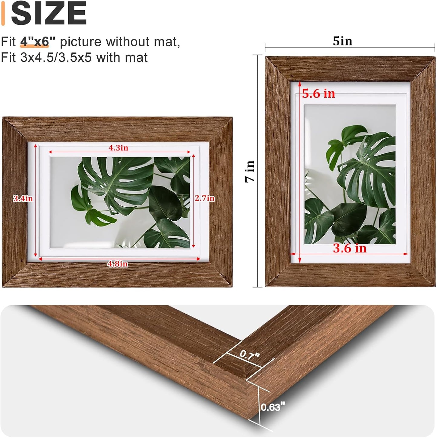 Egofine 4x6 Picture Frames Set of 4, Made of Solid Wood Covered by Plexiglass 3.5x5 with Mat or 4x6 without Mat, for Table Top Display and Wall Mounting Photo Frame,Walnut Brown