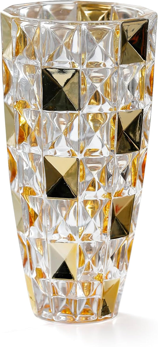Unique Diamond-Shaped Gold Color Glass Flower Vase 11.8" Tall for Home Decor, Dining Wedding Table Office Holiday Party Centerpiece Decoration. (Gold)