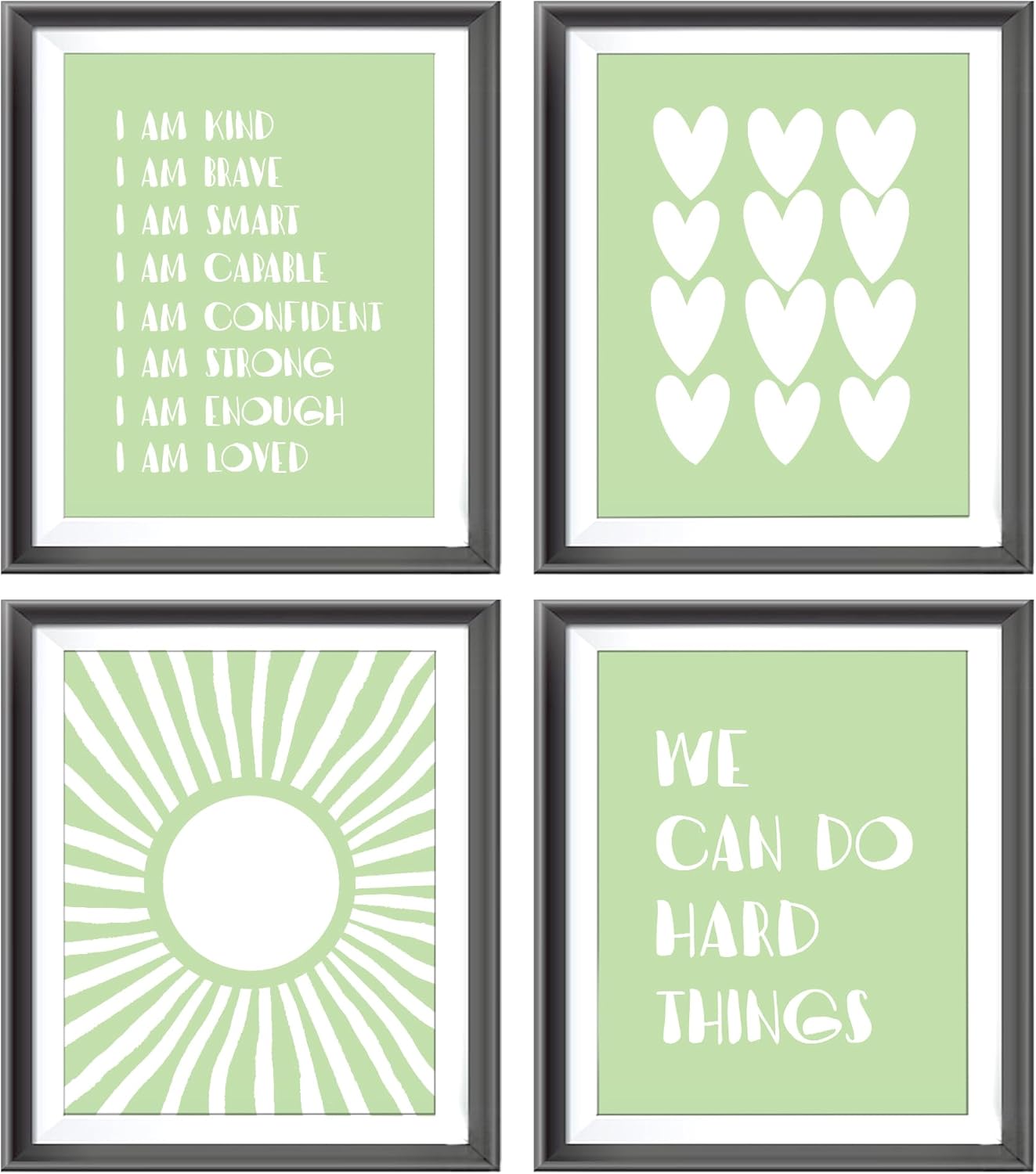 I am Kind Brave Smart Affirmations Green Sun Sunshine Hearts Poster Prints for Girls Kids Room Playroom Decor,Girl Nursery Decorations Prints Wall Art Unframed 4pcs 8x10inches,Girls Kids Gifts