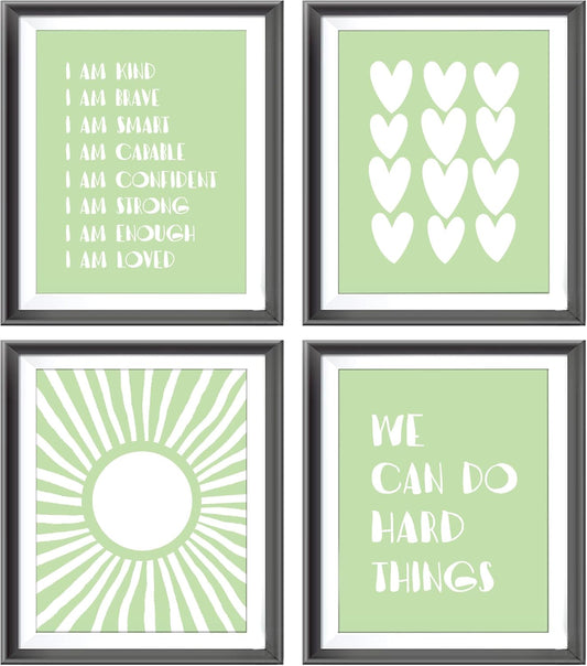 I am Kind Brave Smart Affirmations Green Sun Sunshine Hearts Poster Prints for Girls Kids Room Playroom Decor,Girl Nursery Decorations Prints Wall Art Unframed 4pcs 8x10inches,Girls Kids Gifts