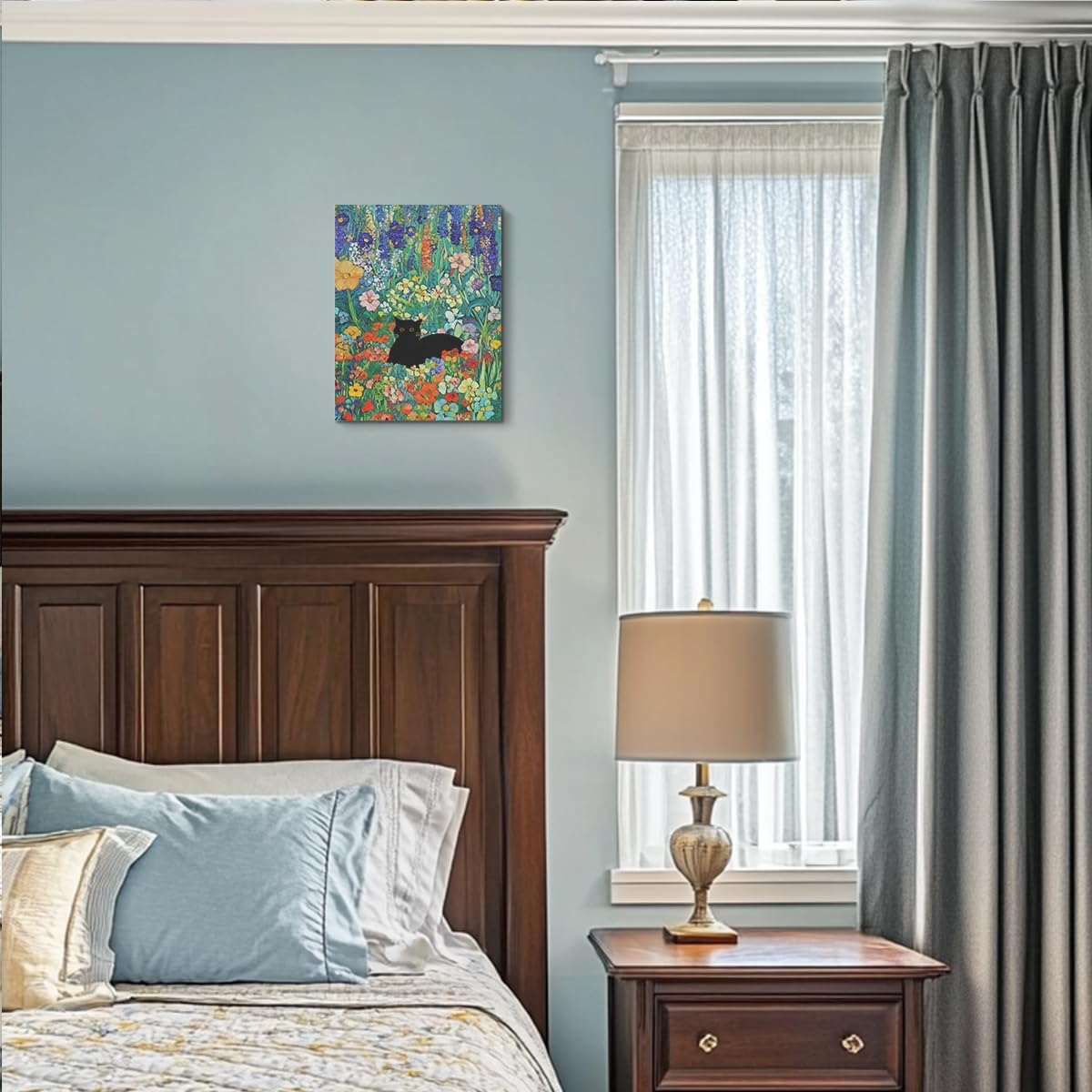 HZMLYDJ Cute Garden Cat Wall Art Garden Flowers Cat Aesthetic Design Posters Vintage Canvas Wall Art for Room Bedroom Living Room Bathroom Decor, Trendy Paintings Aesthetic Cats Lovers Decoration