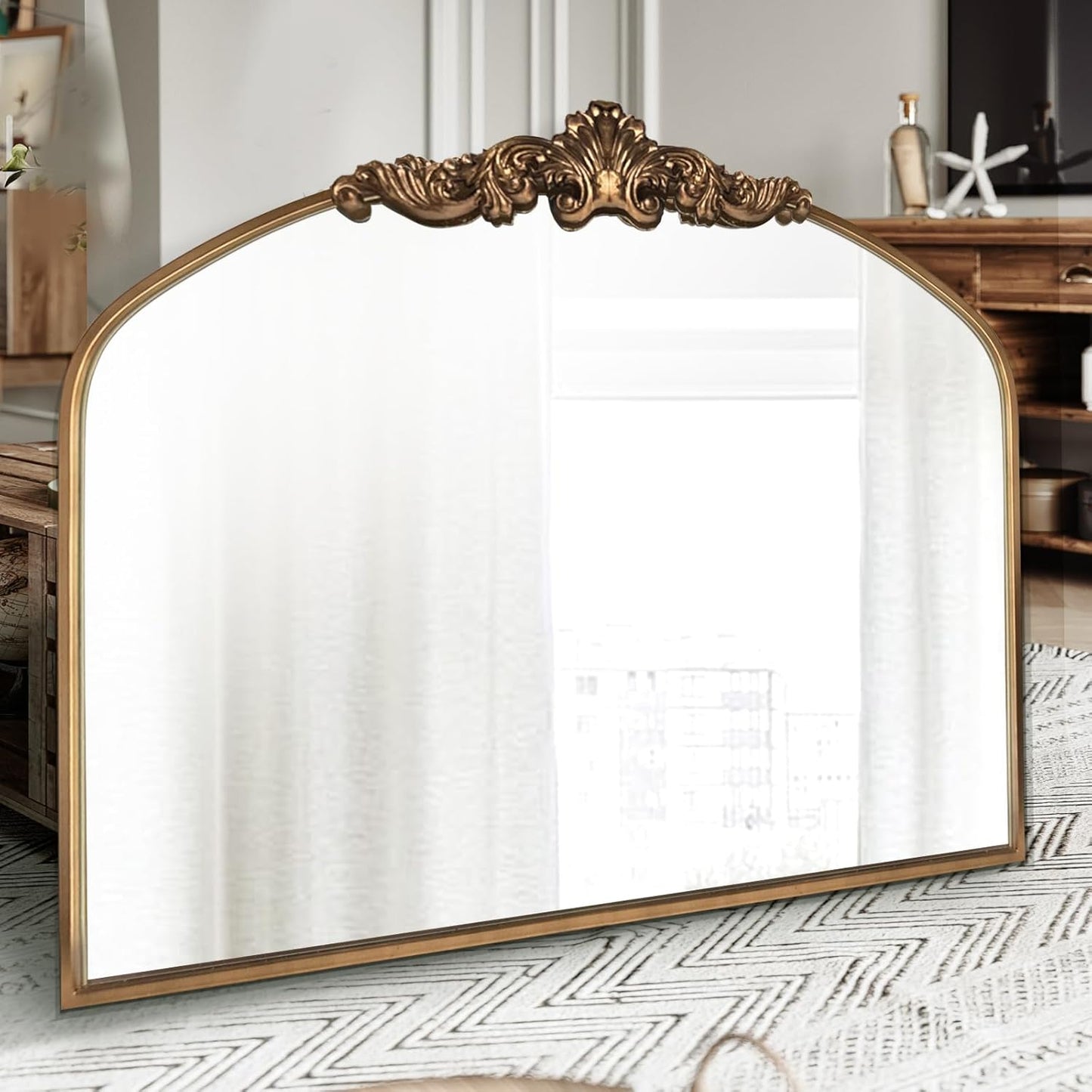 Gold Antique Arched Mirror, Victorian Bronze with Full Matel Frame, Wall Arch Mirror for Entryway/Bathroom/Fireplace 36"X30"