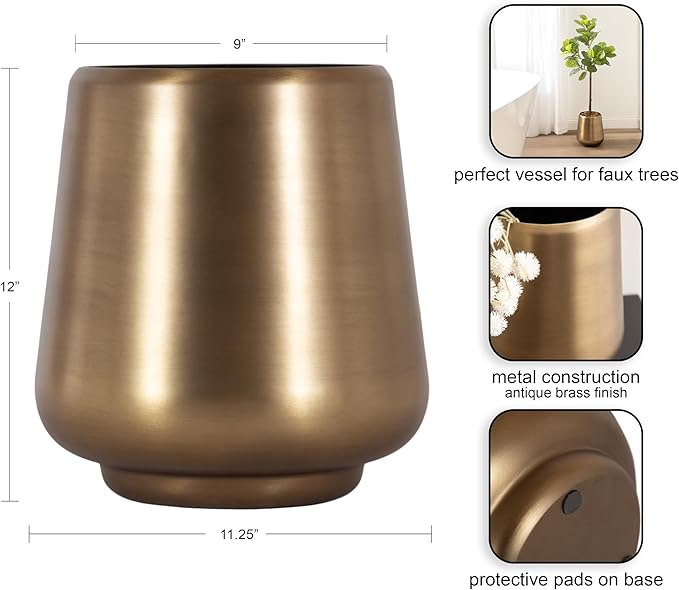 Kate and Laurel Portell Round Indoor Metal Planter Pot, 12 x 12 x 12, Antique Brass, Vintage Circular Planter for Indoor Plants Living Room or Sunroom Decor
