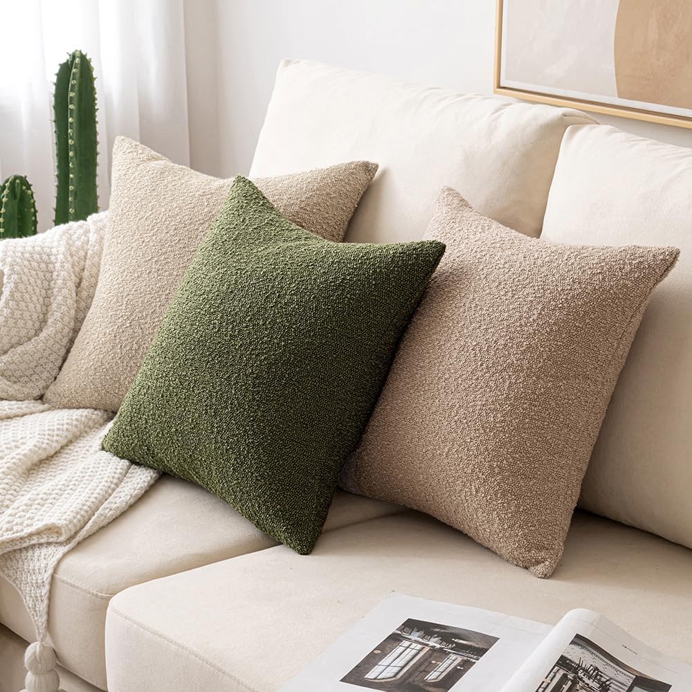MIULEE 20x20 Inch Decorative Pillow Covers for Couch Bed Set of 2 Textured Boucle Neutral Winter Throw Pillows Olive Green Accent Solid Cushion Pillowcases Sofa Livingroom Home Decor