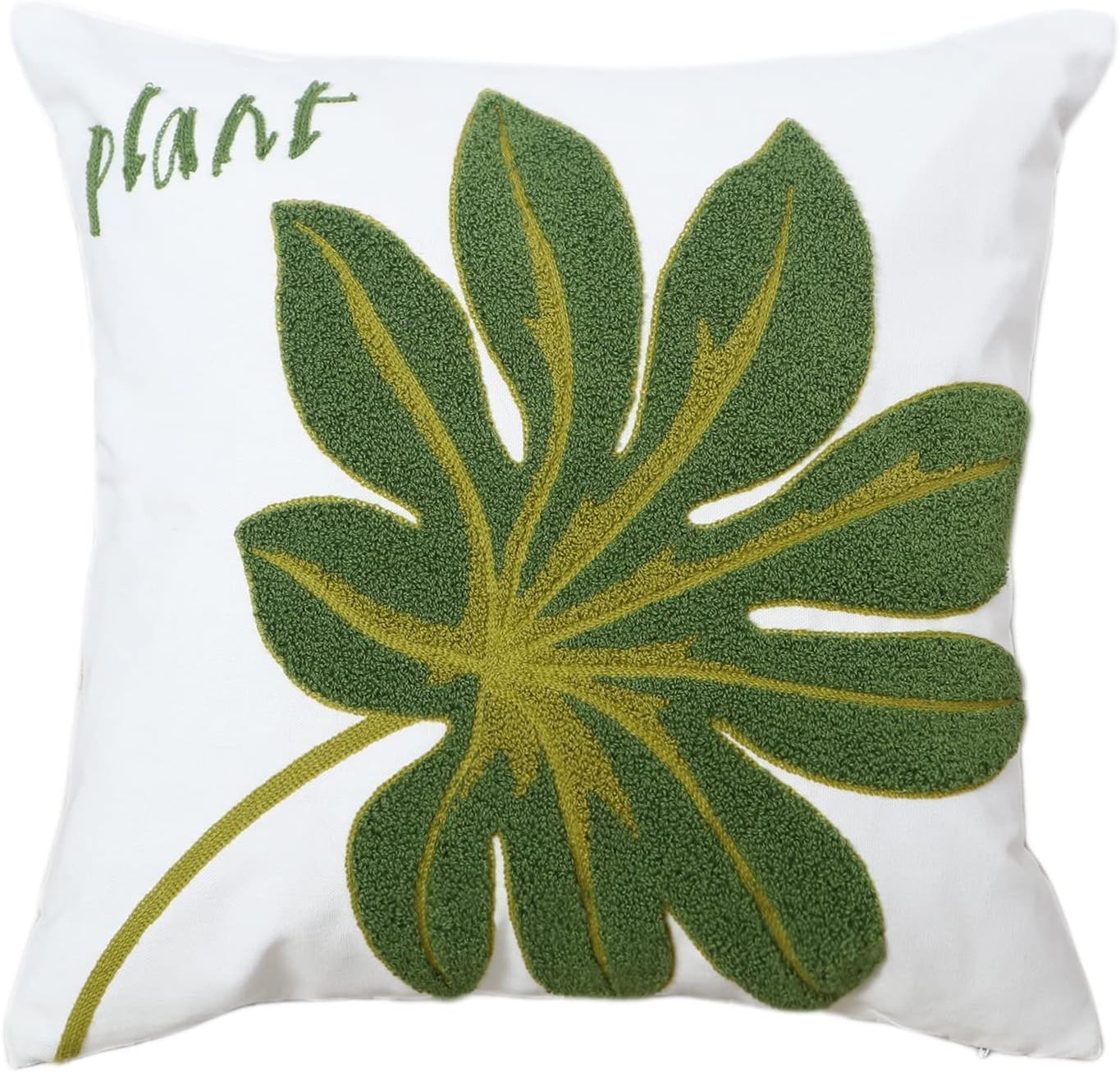 Embroidery Throw Pillow Cover 18x18 Green Tropical Leaf Loop Plant Word Embroidered Floor Pillow Cover for Couch 100% Cotton Decorative Cushion Cover Home Décor Pillow Case 45x45cm, 1 Piece