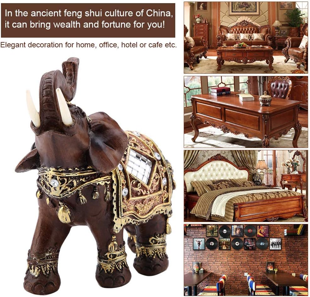 Feng Shui Wood Grain Elegant Elephant Statue 5.5 (H) with Trunk Facing Upwards Collectible Figurine Sculpture Decoration Statue Wealth Lucky Figurine Home Office Decor Gift, Wooden L
