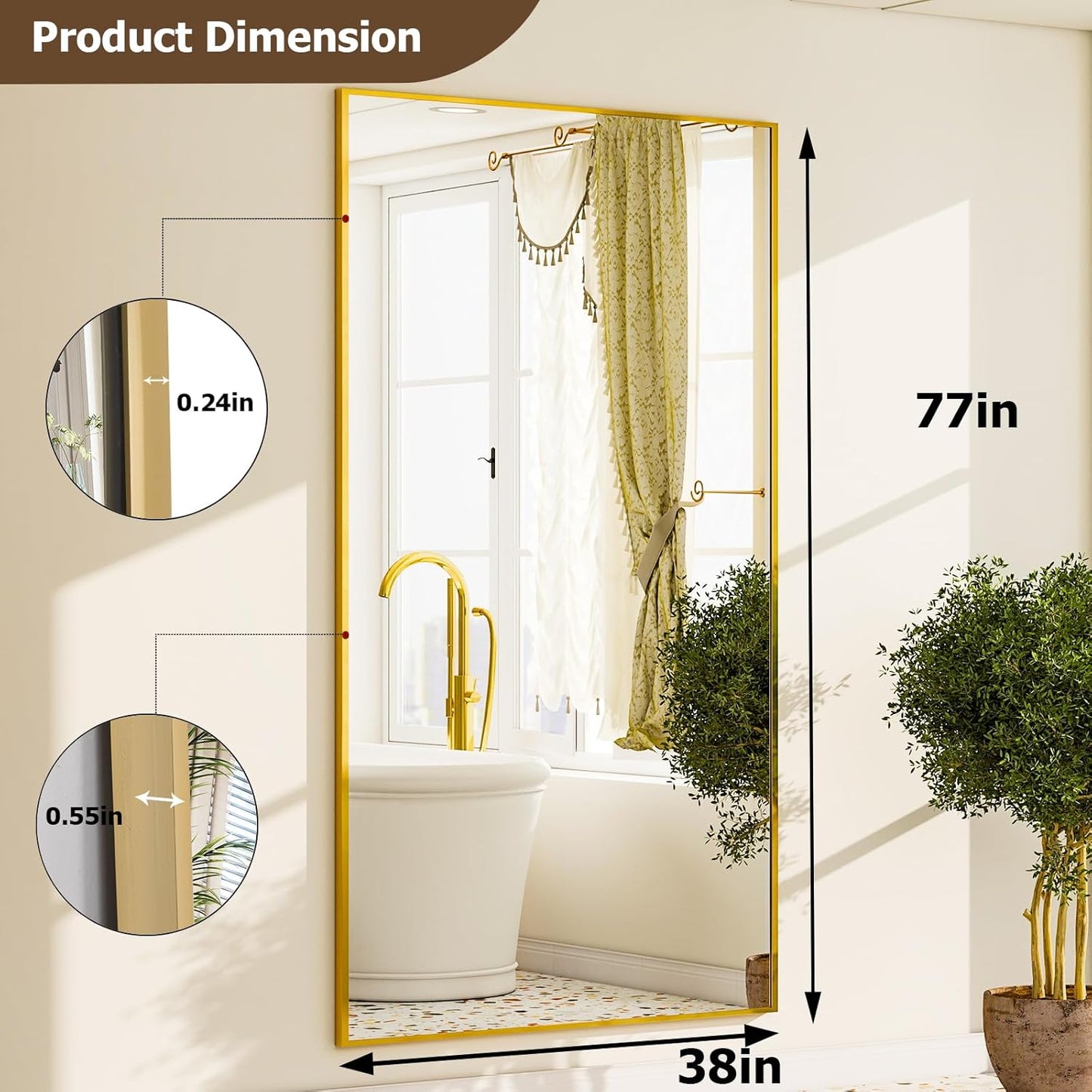 GLSLAND-38 x 77" Rectangular Full Length Mirror - Large Floor Mirrors Aluminum Alloy Frame Full Body Dressing Mirror for Bedroom, Living Room,Gold