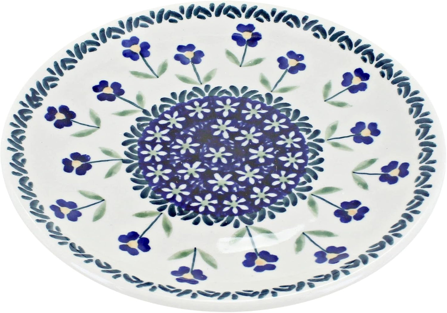 Blue Rose Polish Pottery - Blue Daisy Dessert Plate - 7" Diameter - Beautiful Plate for Cake, Appetizers, or Snacks
