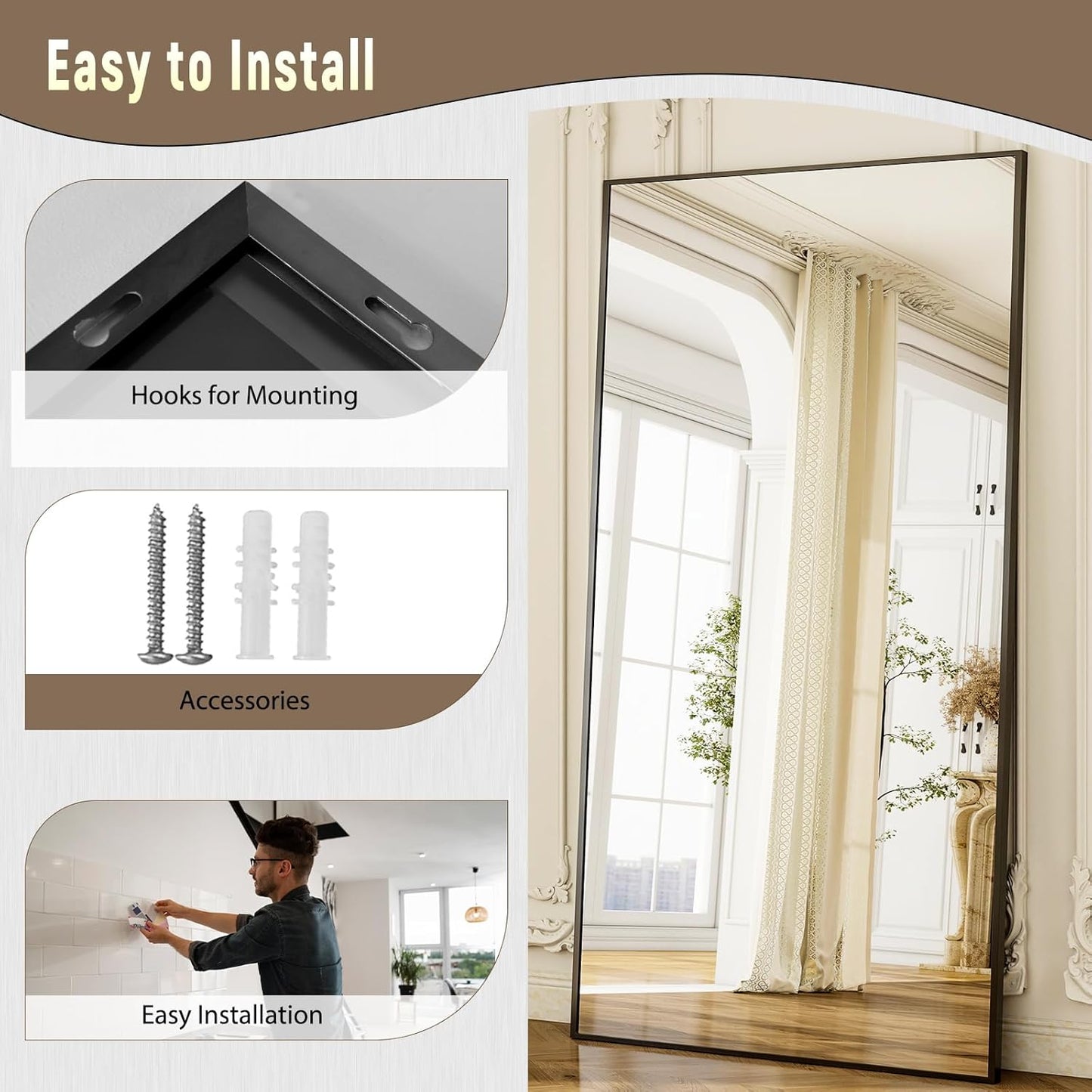 GLSLAND 77" x 38" Rectangular Full Length Mirror - Oversize Floor Mirrors Aluminum Alloy Frame Full Body Dressing Mirror for Bedroom Living Room,Black