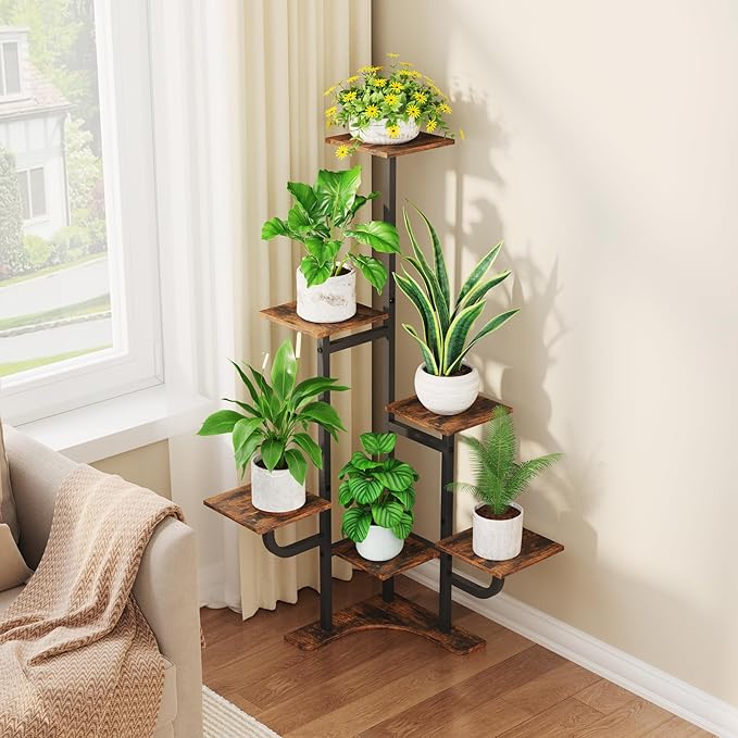 Corner Plant Stand with Grow Light - 6 Tier Plant Stand Indoor Square Metal Plant Shelf with Adjustable Light, Plant Organizer for Living Room, Graden, Home Decor (Brown)