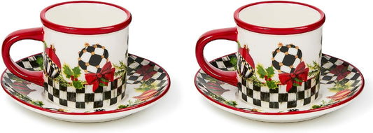 MACKENZIE-CHILDS Set of 2 Stoneware Espresso Cup and Saucer, Cute Coffee Cups
