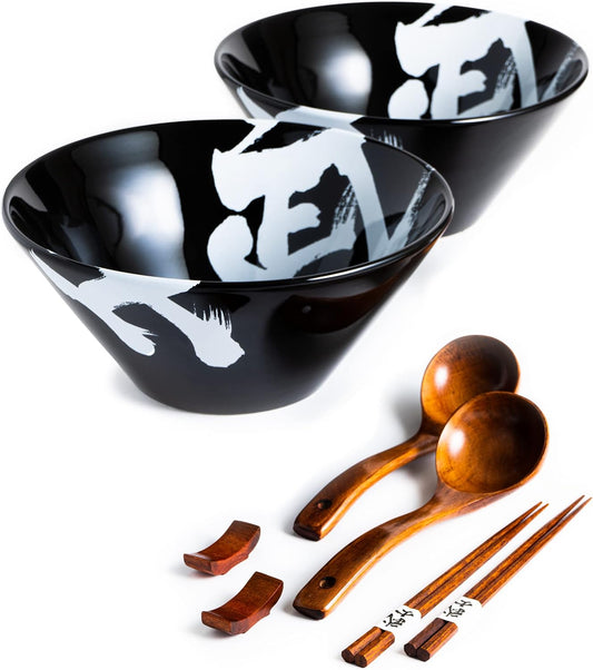 Japanese Ceramic Ramen Bowl Set, 60oz Large Ramen Bowls with Chopsticks, Spoons and Chopstick Rests – Bowl for Ramen, Pho, Salad, Poke, Soup, Udon – Minimalist Design, Premium Quality, Black