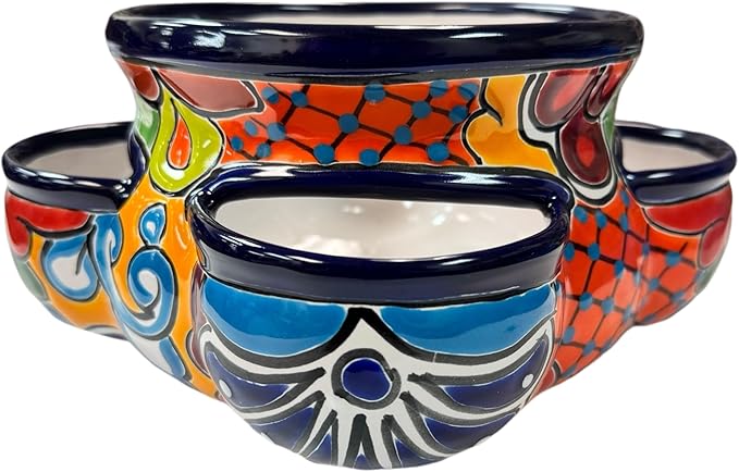 Talavera Strawberry Planter Pot Handmade Multicolor Ceramic Mexican Pottery Hand Painted Indoor Outdoor Home Decor Diameter 11" (Cobalt Multi)