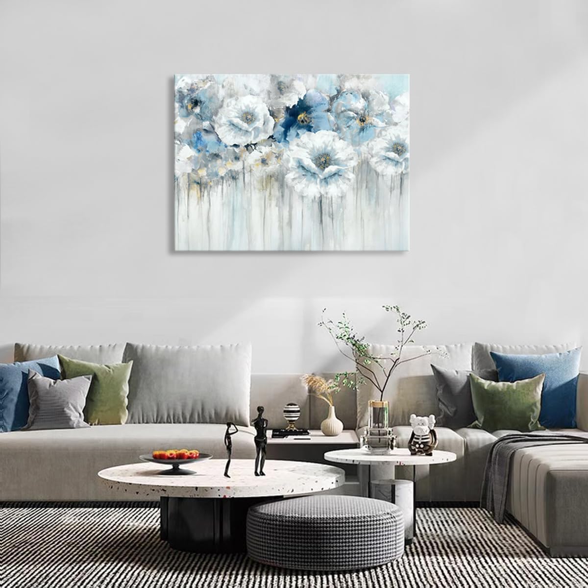 Living Room Flowers Canvas Wall Art Blue and White Floral Pictures with Gold for Gray Bedroom Decor 32" x 24"