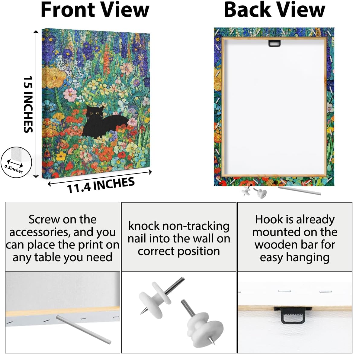 HZMLYDJ Cute Garden Cat Wall Art Garden Flowers Cat Aesthetic Design Posters Vintage Canvas Wall Art for Room Bedroom Living Room Bathroom Decor, Trendy Paintings Aesthetic Cats Lovers Decoration