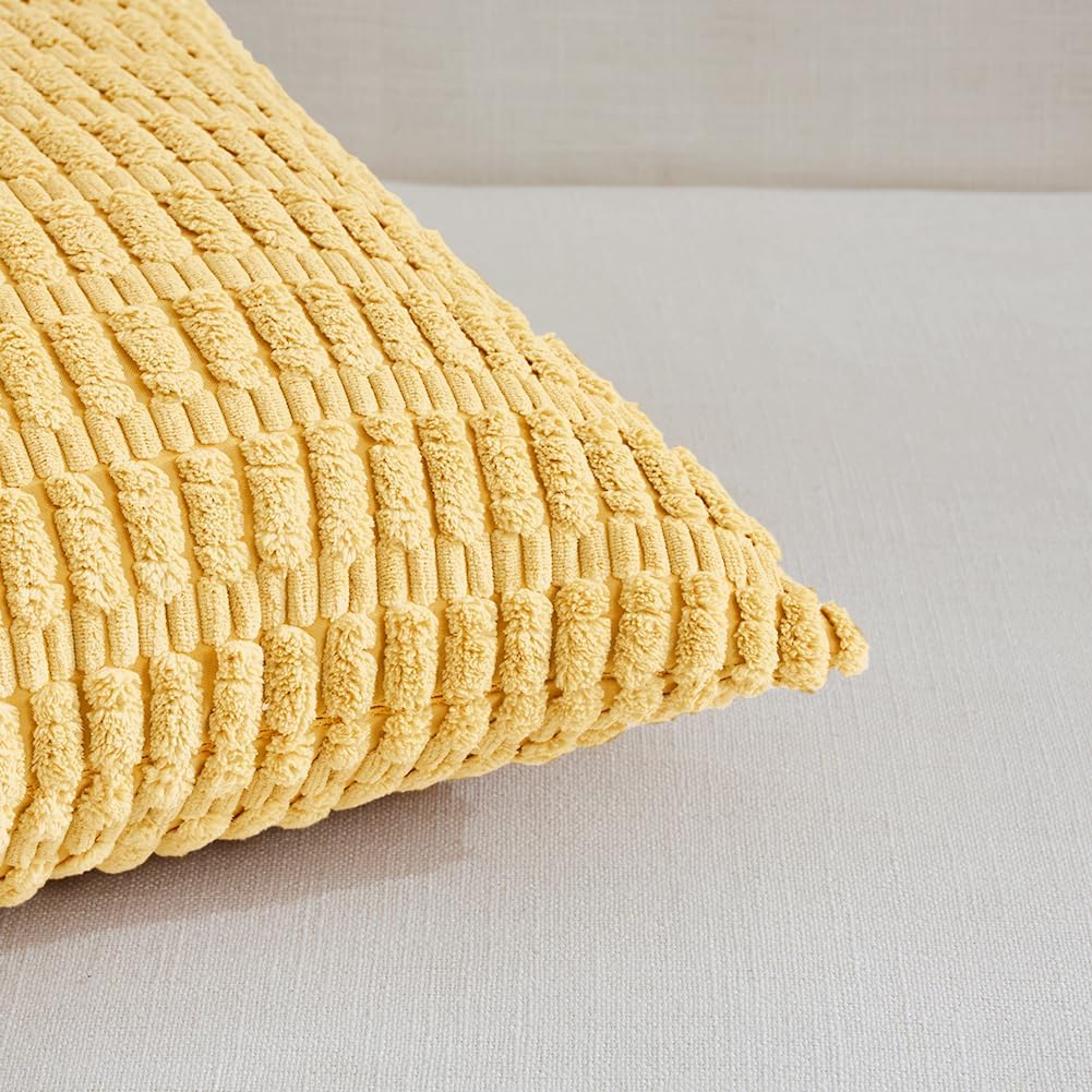 Fancy Homi 4 Packs Yellow Spring Decorative Throw Pillow Covers 16x16 Inch for Living Room Couch Bed Sofa, Rustic Farmhouse Boho Home Decor, Soft Striped Corduroy Square Cushion Case 40x40 cm