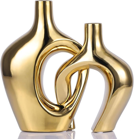 Gold Hollow Ceramic Vases Set of 2 - Modern Nordic Boho ins Style Decor Vases, Pampas Grass Flower Vases for Wedding, Living Room, Office, Entrance, Dining Table Decor Centerpieces