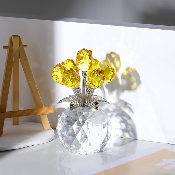 Ornalrist Crystal Yellow Rose Flower Collectible Figurine, Rose Bouquet Floral Romantic Gifts for Wife, Mom, Women on Mother's Day Valentine's Day Wedding Anniversary (5.11'' Gift Boxed)