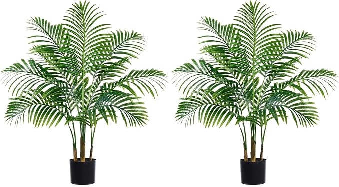 2PCS Artificial Palm Tree 3FT Artificia Plants Indoor Fake Trees Tropical Fake Plam Tree Floor Plant in Black Pot with 9 Trunks & Real Bark Design Faux Palm Plant for Outdoor Home Room Decor