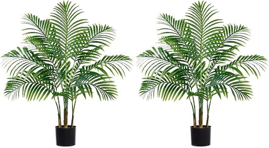 2PCS Artificial Palm Tree 3FT Artificia Plants Indoor Fake Trees Tropical Fake Plam Tree Floor Plant in Black Pot with 9 Trunks & Real Bark Design Faux Palm Plant for Outdoor Home Room Decor