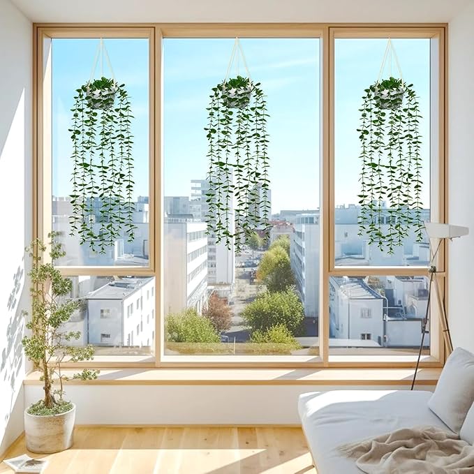 Dremisland Fake Hanging Plants with Pots 2Pack Faux Hanging Basket Plant Macrame Plant Hanger with Fake Vines Faux Hanging Planter for Wall Ceiling Home Bedroom Indoor Decor (Eucalyptus-2PCS)