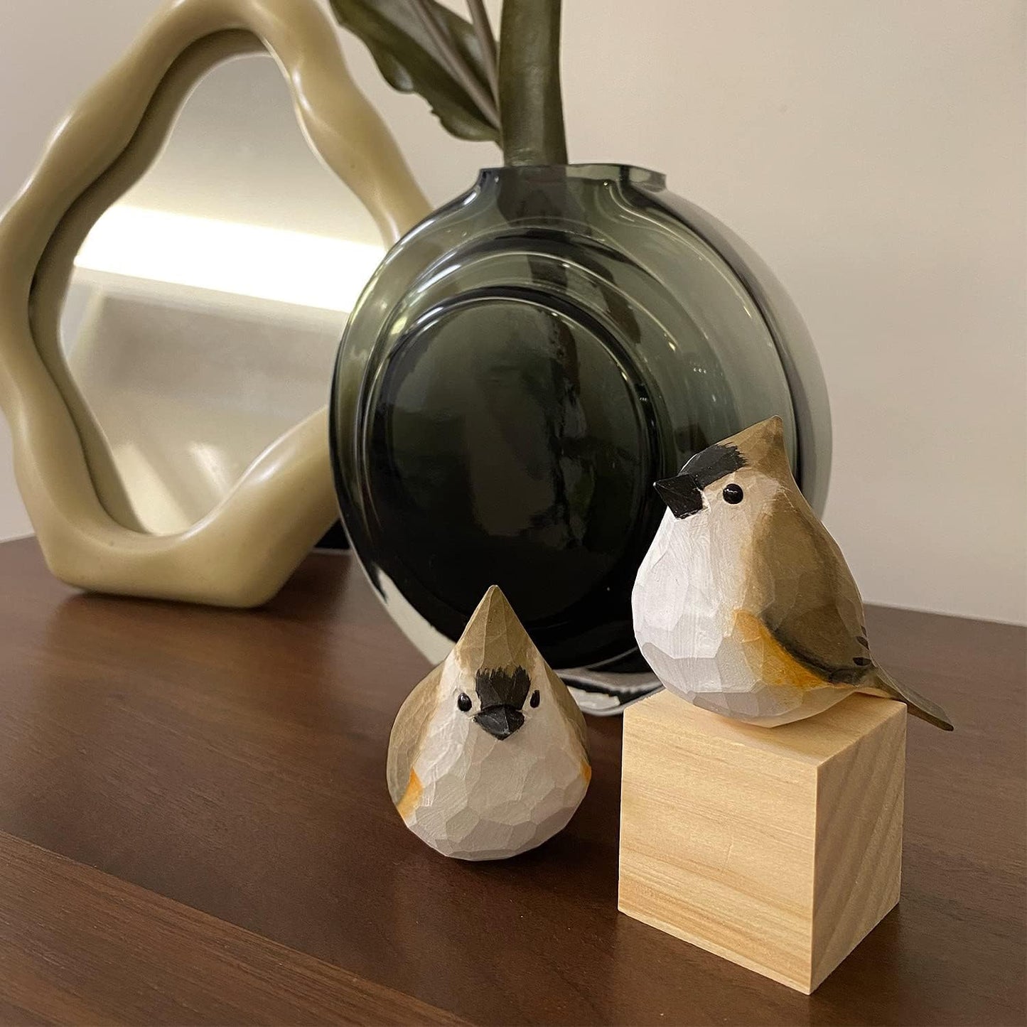Handmade Wooden Carved Bird Decor - Sculpted Hand-Painted Figurines, Small Home Statue, Shelf Decor, BFF Gifts for Bird Lovers (Tufted Titmouse)